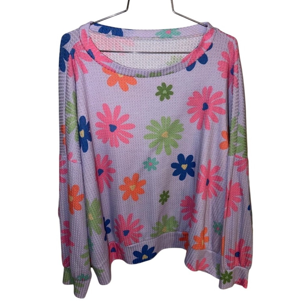 Purple Floral Waffle Knit Long Sleeve Pullover Top Oversized Daisy Print AJ1081